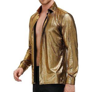 Mens Metallic Dress Shirts Long Sleeve Button Down 70s Disco Shirt Party Costume